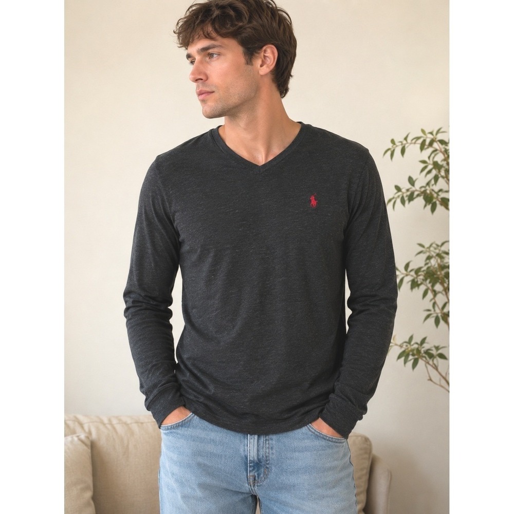 Polo Ralph Lauren V Neck Long Sleeve Tee Heather Charcoal Grey Pony Logo Mens L